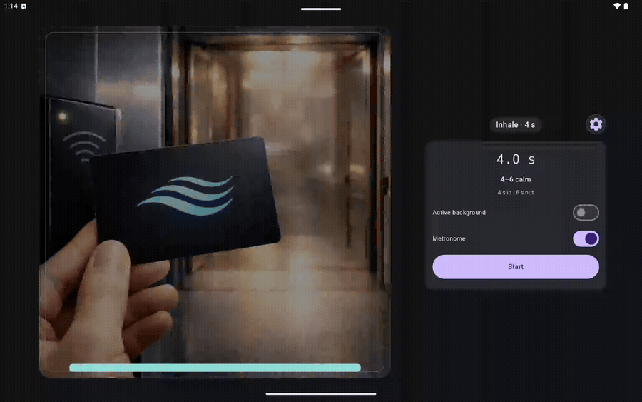 Animated demonstration of BreatheWith on an Android tablet